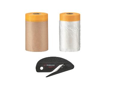 Masking film and masking paper set with adhesive tape for small areas