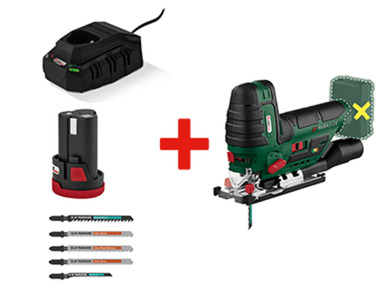 Jigsaw + battery + charger + universal blades