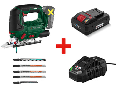 Jigsaw + battery + charger + jigsaw blades