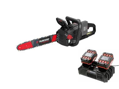Battery chainsaw with 2 batteries and double charger