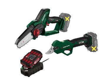 COMPULT chain saw - without accumulator + cordless scissors on branches - without battery + battery /2Ah + charger 2