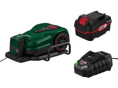 Robotic lawnmower with batteries and charger