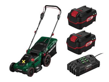 Battery grassmower with batteries and charger