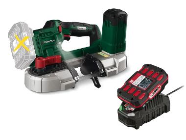 Battery band saw with battery and charger