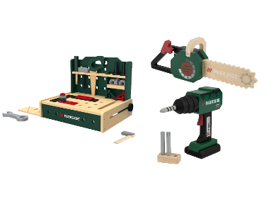 Wooden work table + wooden chainsaw + wooden cordless screwdriver