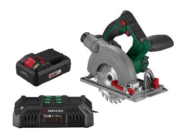 Zestaw Akumulatorowa pilarka tarczowa, 20 V z akumulatorem Smart, 4 Ah i podwójną ładowarką, 2 x 4,5 A