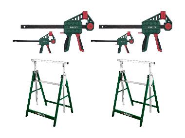 Zestaw 2 koziołków warsztatowych z regulacją wysokości z 4 ściskami szybkomocującymi, rozmiar S/M